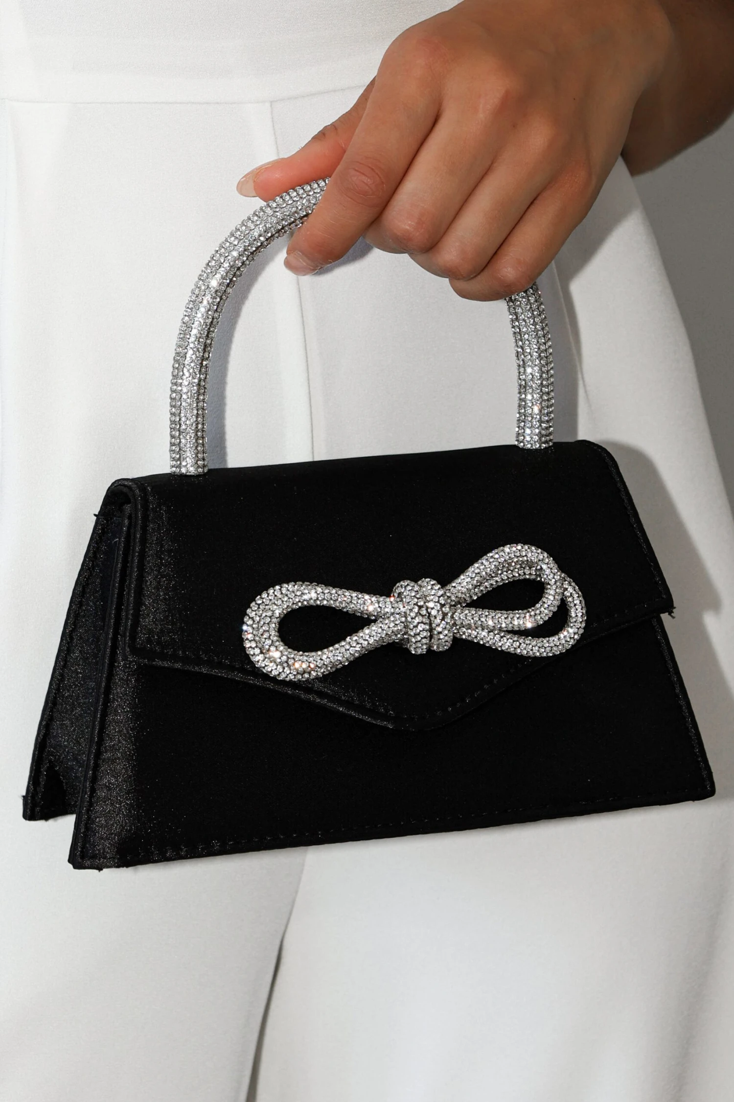 Flicka Rhinestone Bow Bag - Black Satin 4 Flicka Rhinestone Bow Bag - Black Satin - Image 2