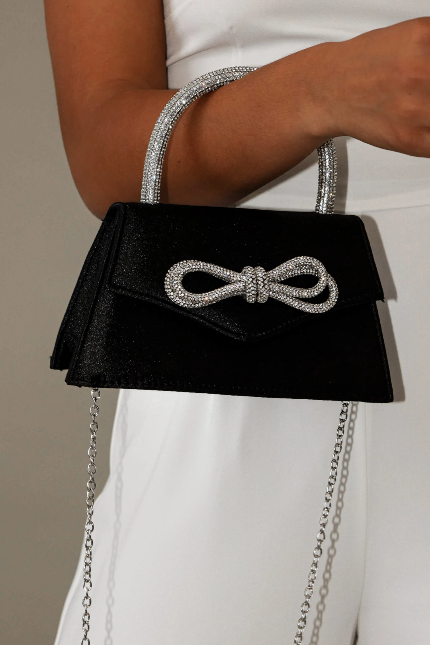 Flicka Rhinestone Bow Bag - Black Satin 5 Flicka Rhinestone Bow Bag - Black Satin - Image 3