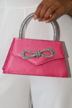 Flicka Rhinestone Bow Bag - Pink Satin