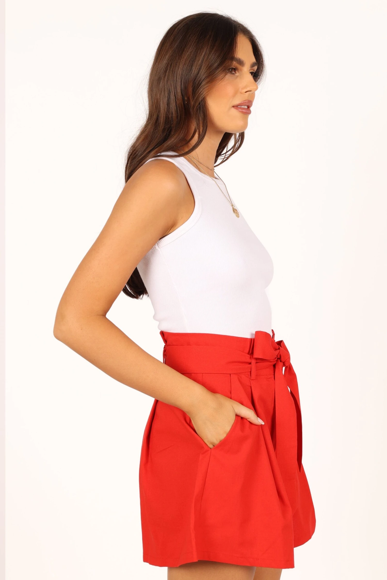 Maya High Waisted Paperbag Shorts - Red 15 Maya High Waisted Paperbag Shorts - Red - Image 13