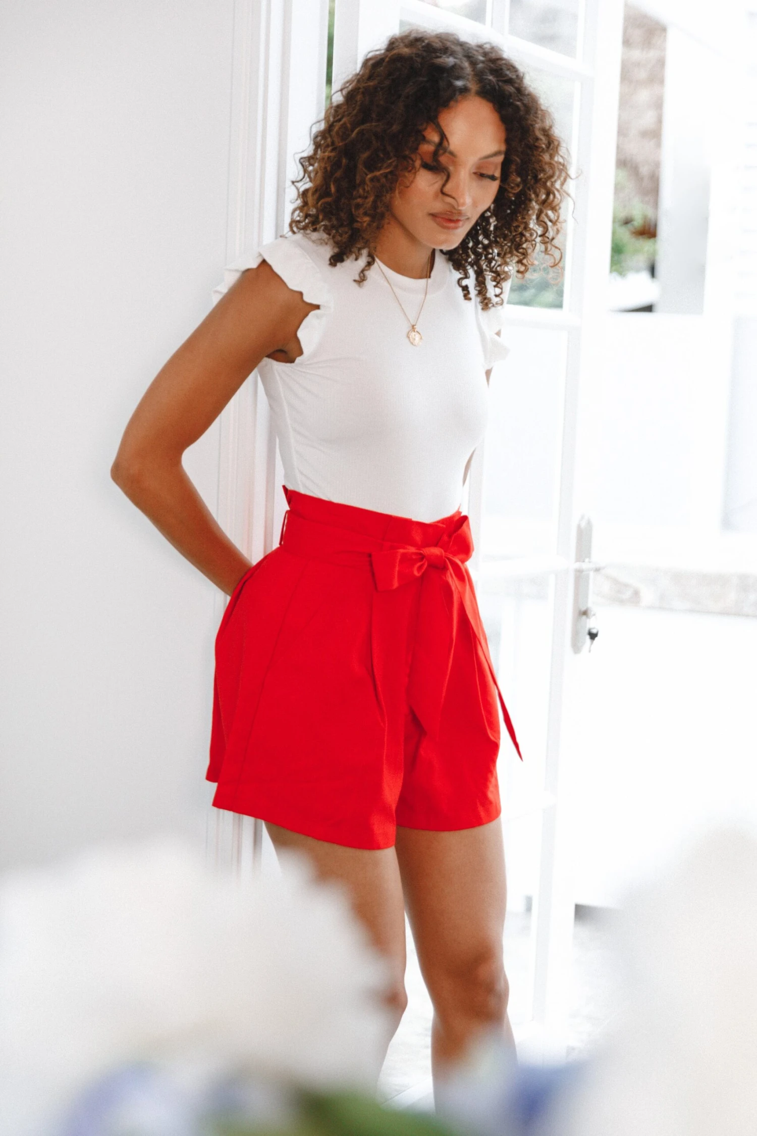 Maya High Waisted Paperbag Shorts - Red 4 Maya High Waisted Paperbag Shorts - Red - Image 2