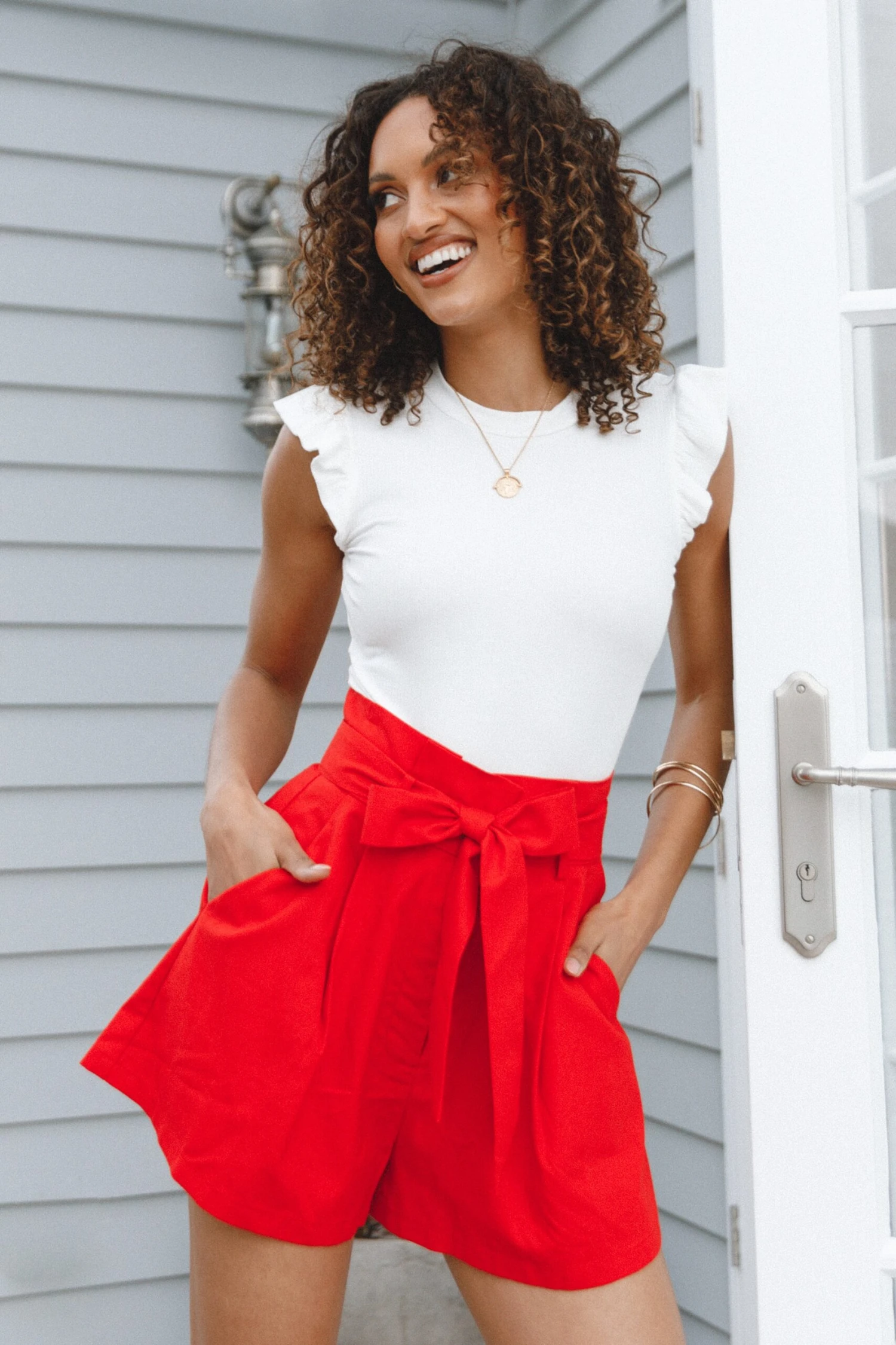 Maya High Waisted Paperbag Shorts - Red 3 Maya High Waisted Paperbag Shorts - Red