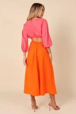 Affection Mid Sleeve Waist Cutout Midi Dress - Pink/Orange 10 Affection Mid Sleeve Waist Cutout Midi Dress - Pink/Orange -Clothing Discount Shop petal and pup usa dresses affection mid sleeve waist cutout midi dress pink orange 32182140436657