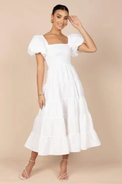 Annette Puff Sleeve Shirred Midi Dress - White 14 Annette Puff Sleeve Shirred Midi Dress - White -Clothing Discount Shop petal and pup usa dresses annette puff sleeve shirred midi dress white 32380556148913