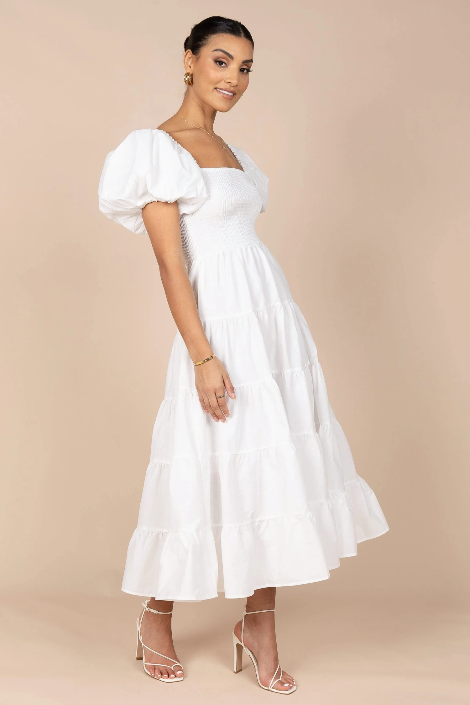 Annette Puff Sleeve Shirred Midi Dress - White 9 Annette Puff Sleeve Shirred Midi Dress - White - Image 7