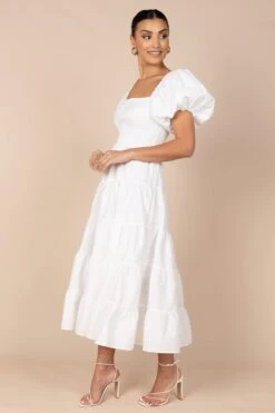 Annette Puff Sleeve Shirred Midi Dress - White 19 Annette Puff Sleeve Shirred Midi Dress - White -Clothing Discount Shop petal and pup usa dresses annette puff sleeve shirred midi dress white 32380556279985