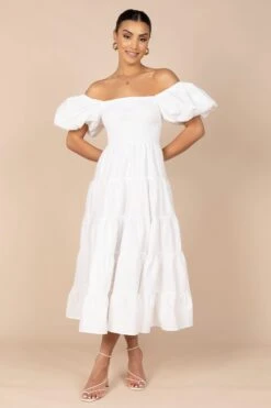 Annette Puff Sleeve Shirred Midi Dress - White 18 Annette Puff Sleeve Shirred Midi Dress - White -Clothing Discount Shop petal and pup usa dresses annette puff sleeve shirred midi dress white 32380556312753