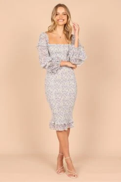 Bonita Shirred Frill Long Sleeve Bodycon Midi Dress - Blue Floral