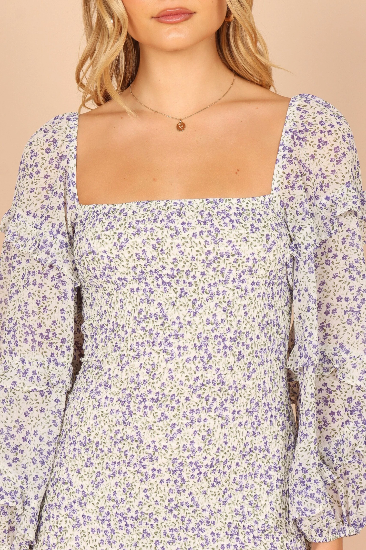 Bonita Shirred Frill Long Sleeve Bodycon Midi Dress - Blue Floral 4 Bonita Shirred Frill Long Sleeve Bodycon Midi Dress - Blue Floral - Image 2