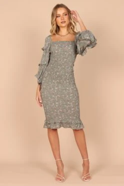 Bonita Shirred Frill Long Sleeve Bodycon Midi Dress - Sage Floral