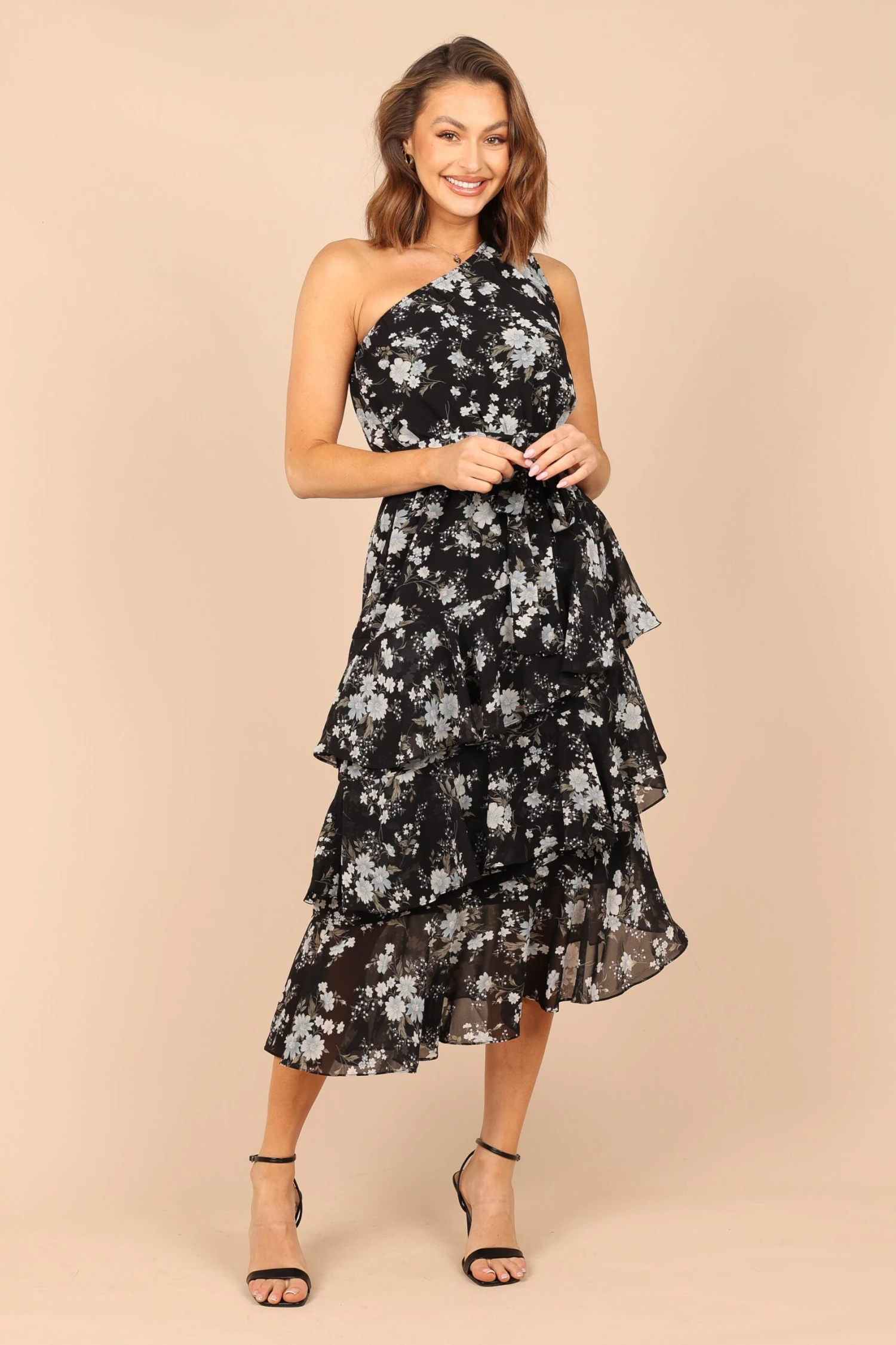 Brigette One Shoulder Tiered Midi Dress - Black Floral 3 Brigette One Shoulder Tiered Midi Dress - Black Floral