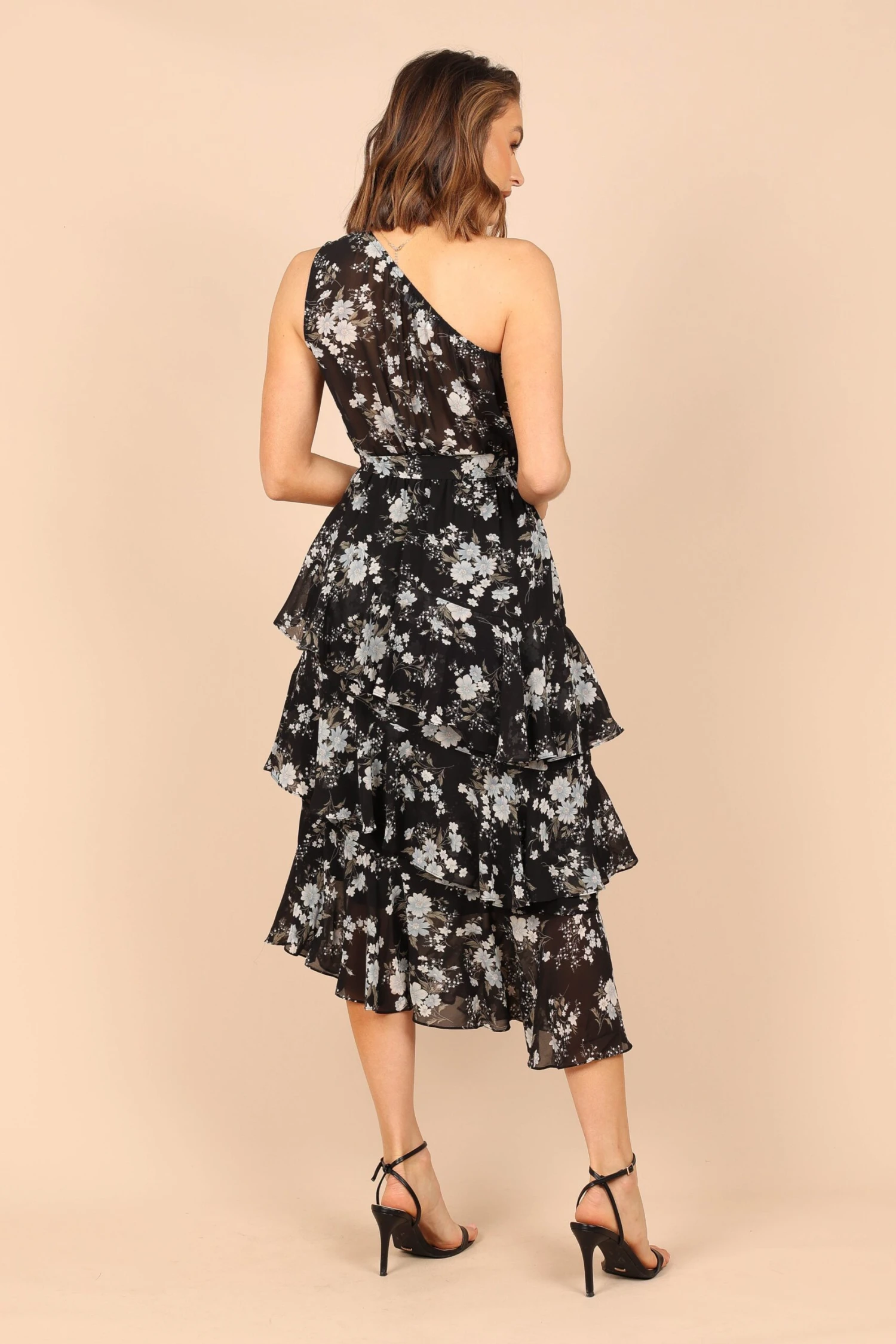Brigette One Shoulder Tiered Midi Dress - Black Floral 4 Brigette One Shoulder Tiered Midi Dress - Black Floral - Image 2
