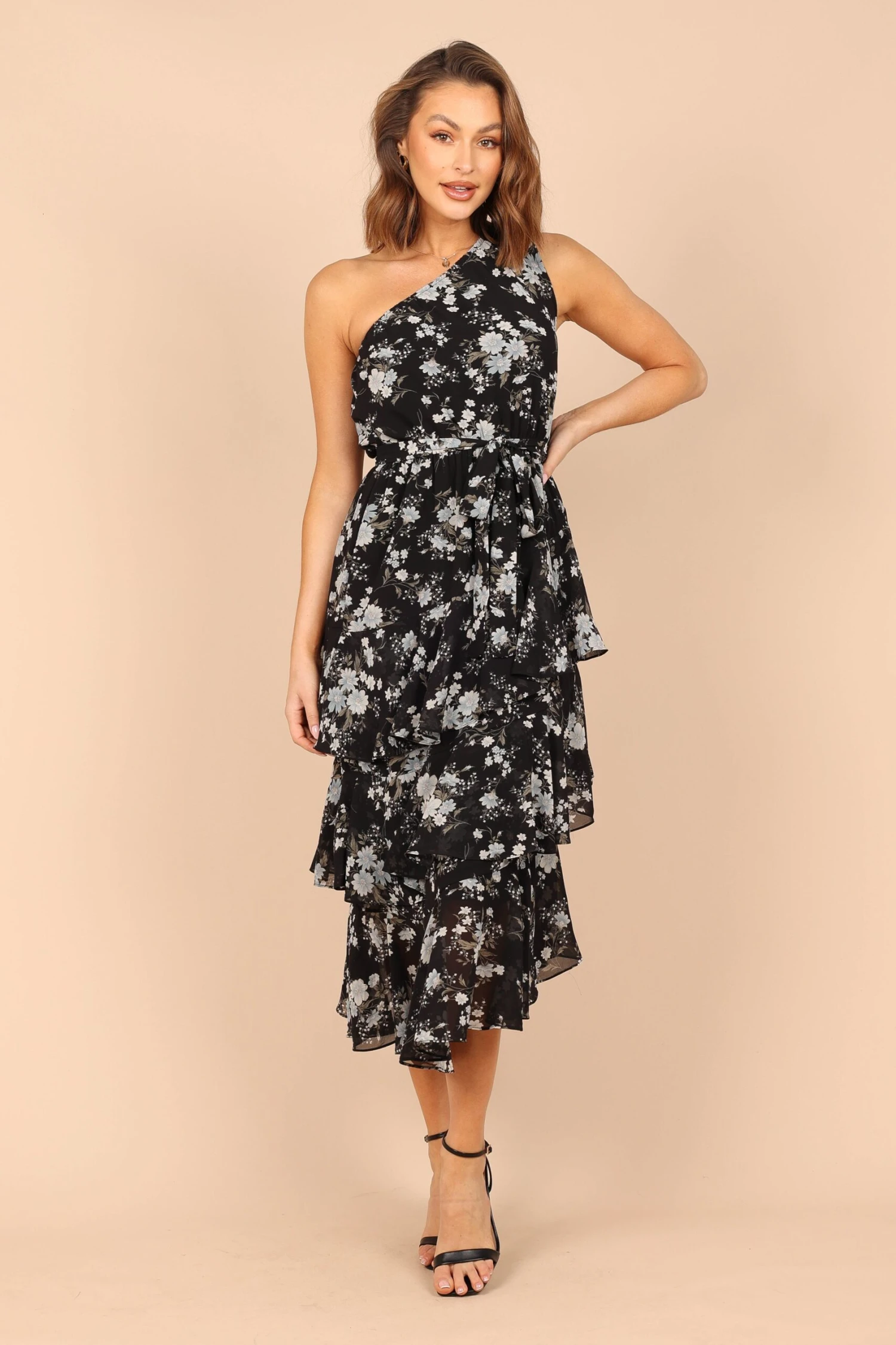 Brigette One Shoulder Tiered Midi Dress - Black Floral 7 Brigette One Shoulder Tiered Midi Dress - Black Floral - Image 5