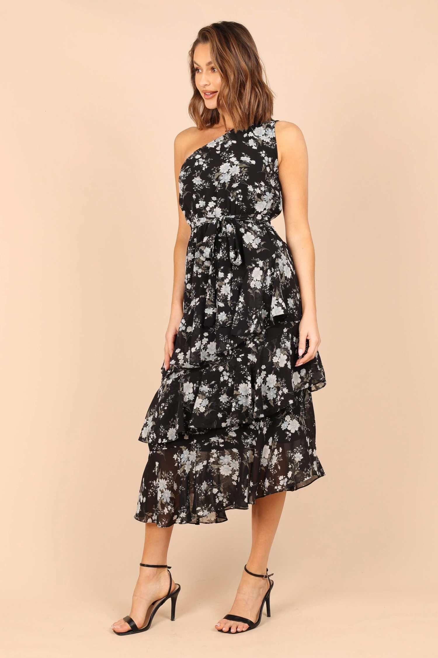 Brigette One Shoulder Tiered Midi Dress - Black Floral 8 Brigette One Shoulder Tiered Midi Dress - Black Floral - Image 6
