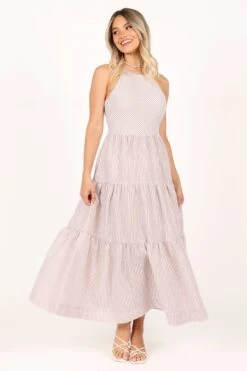 Caspian Tiered Maxi Dress - Tan Stripe -Clothing Discount Shop petal and pup usa dresses caspian tiered maxi dress tan stripe 33520565190833