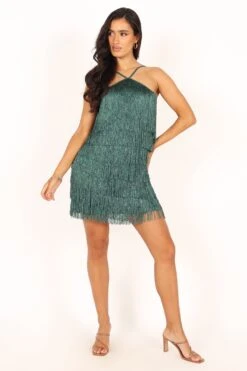 Chrissy Halterneck Mini Dress - Dark Green -Clothing Discount Shop petal and pup usa dresses chrissy halterneck mini dress dark green 33836348211377