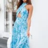 Clover Halterneck Maxi Dress - Blue Floral -Clothing Discount Shop petal and pup usa dresses clover halterneck midi dress blue floral 33488433742001