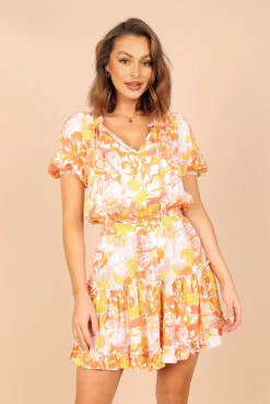 Feliz Shirred Waist Mini Dress - Coral Floral
