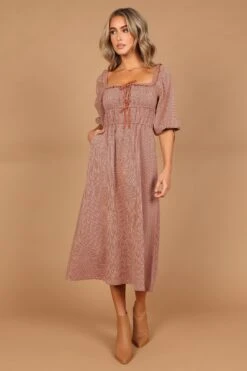 Georgette Puff Sleeve Midi Dress - Brown Check -Clothing Discount Shop petal and pup usa dresses georgette puff sleeve midi dress brown check 32455808450737