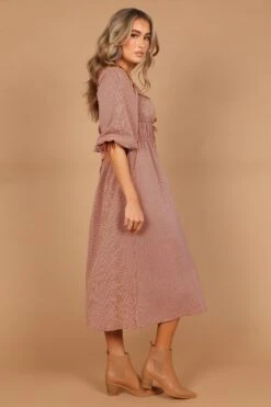 Georgette Puff Sleeve Midi Dress - Brown Check -Clothing Discount Shop petal and pup usa dresses georgette puff sleeve midi dress brown check 32455808516273