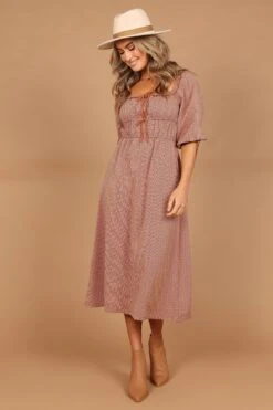 Georgette Puff Sleeve Midi Dress - Brown Check -Clothing Discount Shop petal and pup usa dresses georgette puff sleeve midi dress brown check 32455808581809