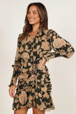 Micha Ruched High Neck Mini Dress - Pine/Gold -Clothing Discount Shop petal and pup usa dresses micha ruched high neck mini dress pine gold 33231696887985