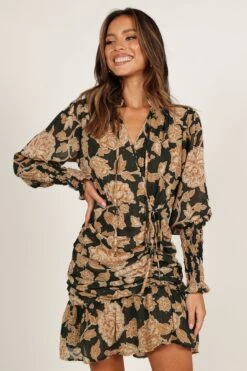 Micha Ruched High Neck Mini Dress - Pine/Gold -Clothing Discount Shop petal and pup usa dresses micha ruched high neck mini dress pine gold 33231696986289