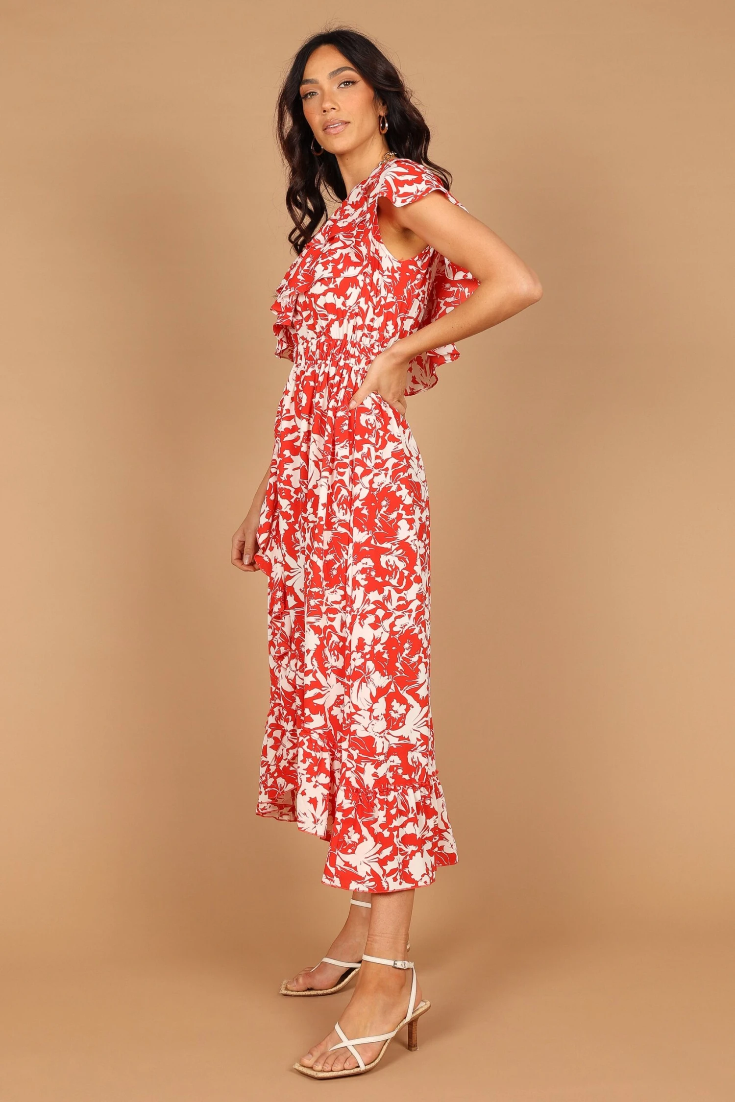 Millie Off Shoulder Tiered Midi Dress - Red Floral 5 Millie Off Shoulder Tiered Midi Dress - Red Floral - Image 3