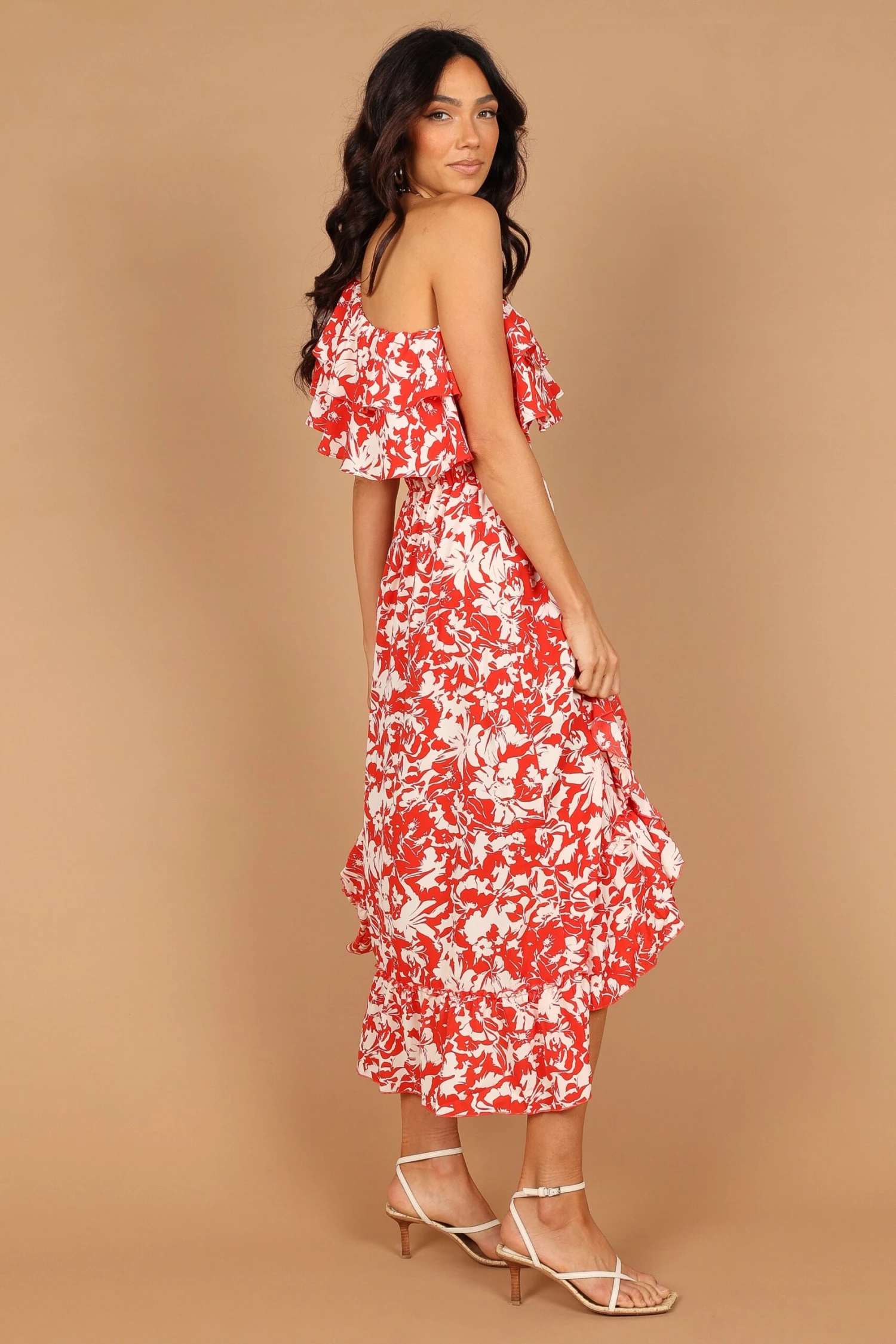 Millie Off Shoulder Tiered Midi Dress - Red Floral 7 Millie Off Shoulder Tiered Midi Dress - Red Floral - Image 5