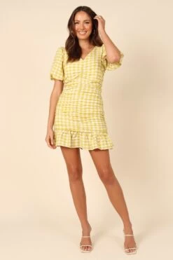 Tenice V Neck Gingham Dress - Green -Clothing Discount Shop petal and pup usa dresses tenice v neck gingham dress green 32129785135281