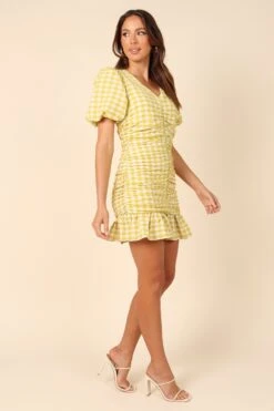 Tenice V Neck Gingham Dress - Green -Clothing Discount Shop petal and pup usa dresses tenice v neck gingham dress green 32129785266353