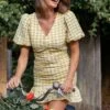 Tenice V Neck Gingham Dress - Green -Clothing Discount Shop petal and pup usa dresses tenice v neck gingham dress green 32158730977457
