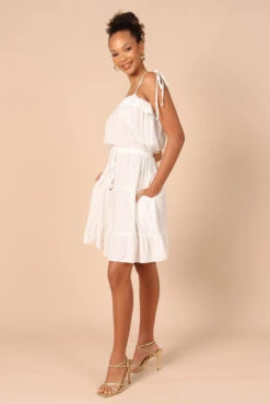 Twist Tie Shoulder Mini Dress - White -Clothing Discount Shop petal and pup usa dresses twist tie shoulder mini dress white 32181951332529