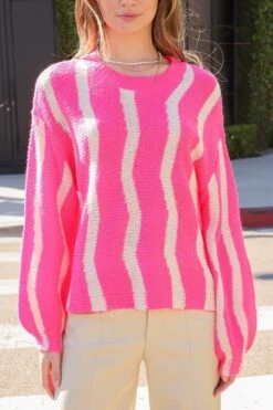 Wave Stripe Pattern Knit Sweater - Hot Pink -Clothing Discount Shop petal and pup usa knitwear wave stripe pattern knit sweater hot pink 33264450273457
