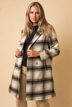 Patty Double Breasted Plaid Long Coat - Cream/Charcoal