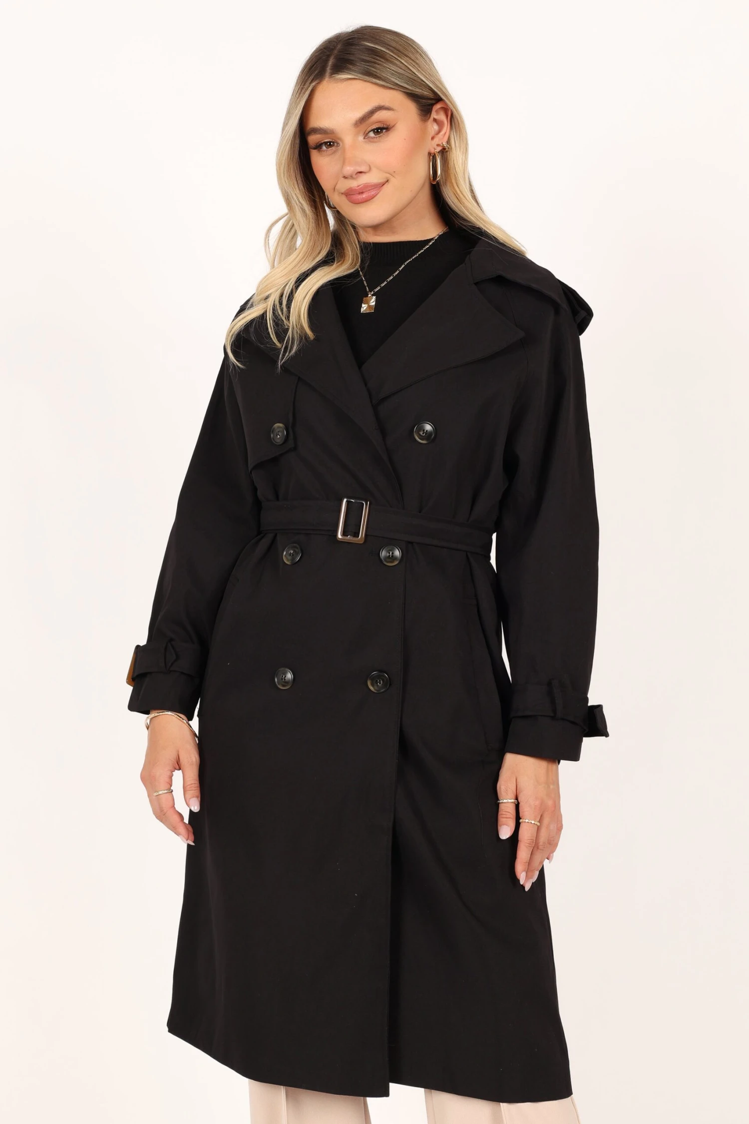 Trina Button Front Trench Coat - Black 7 Trina Button Front Trench Coat - Black - Image 5