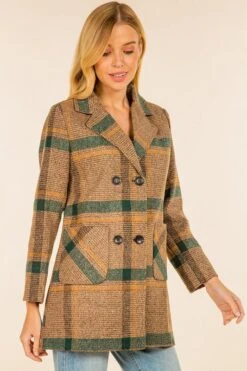 Plaid Textured Double Breasted Coat - Brown -Clothing Discount Shop petal and pup usa plaid textured double breasted coat 32657509941425
