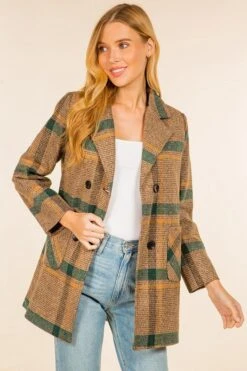 Plaid Textured Double Breasted Coat - Brown