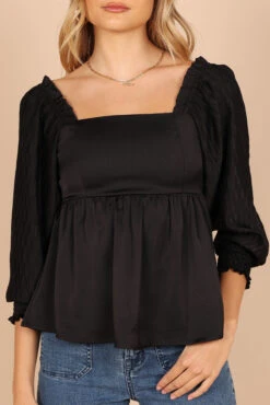 Montana Satin Babydoll Top - Black -Clothing Discount Shop petal and pup usa tops montana satin babydoll top black 32810346021041