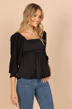 Montana Satin Babydoll Top - Black -Clothing Discount Shop petal and pup usa tops montana satin babydoll top black 32810346119345