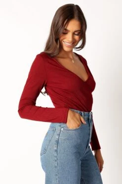 Wells Long Sleeve Bodysuit - Dark Red -Clothing Discount Shop petal and pup usa tops wells long sleeve bodysuit dark red 34011672740017