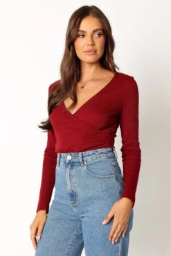 Wells Long Sleeve Bodysuit - Dark Red -Clothing Discount Shop petal and pup usa tops wells long sleeve bodysuit dark red 34011672871089